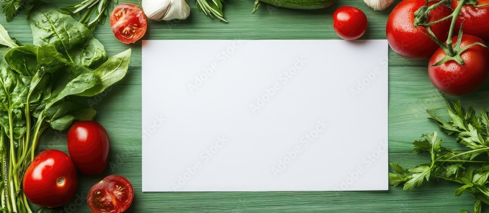 Poster arrangement of healthy items and a sheet of paper on a green wooden surface. with copy space image. 