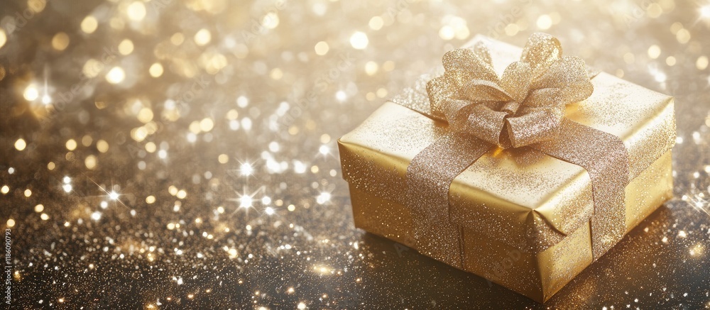 Fototapete christmas present on a decorative background in gold with shimmering stars. with copy space image. p