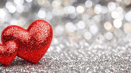 Obraz premium Sparkling Red Glitter Hearts on Silver Background - Valentine's Day Romance