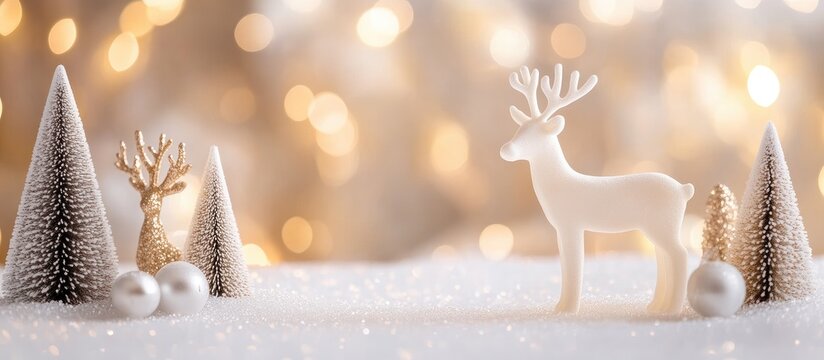 Christmas party treat topper label mockup featuring white reindeer and mini trees with bokeh fairy lights on a minimalist white backdrop. with copy space image. Place for adding text or design