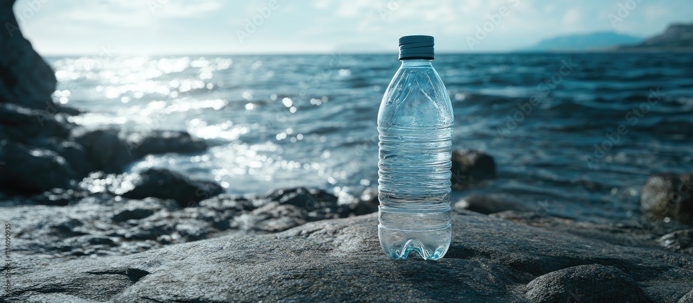 Poster Closeup of a plastic bottle filled with fresh water by the sea Room for text. with copy space image. Place for adding text or design
