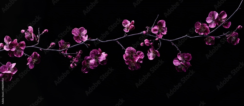Leinwandbilder decorative branches with purple blossoms isolated on a black background close up selective focus. wi