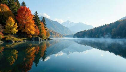 Obraz premium Serene lake with trees reflected in calm water, water, serenity, scenery