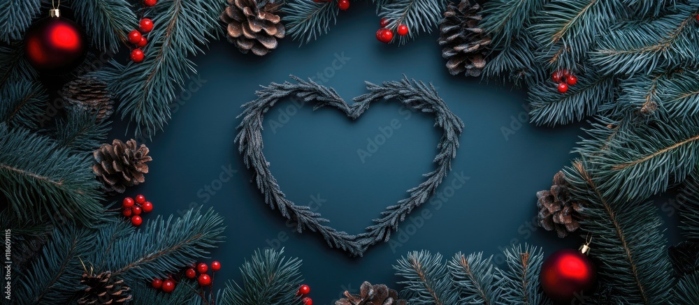 Poster a heart shaped christmas frame is encircled by branches of a new year tree adorned with decorations 