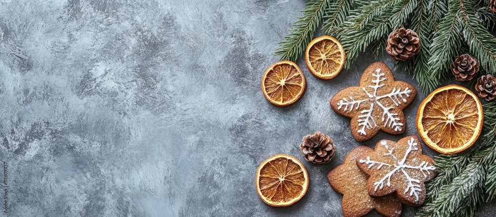 Aufkleber Gingerbread cookies fir tree and dried orange rings on a stone background A Christmas or New Year frame background and design mock up Copy space for text