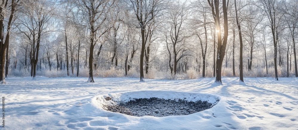 Poster Square frame scenic winter landscape featuring a close up of a circular pit with ashes in a park. with copy space image. Place for adding text or design