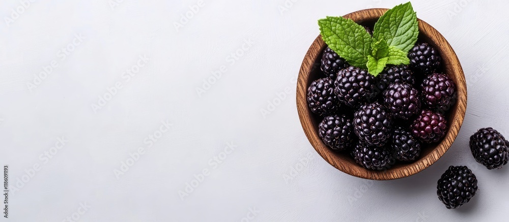 Aufkleber blackberries alongside a mint leaf in a wooden bowl featuring copy space for text a fresh and delici