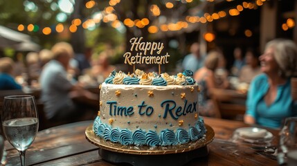 Retirement celebration cake being cut with guests smiling and enjoying the joyful atmosphere outdoors