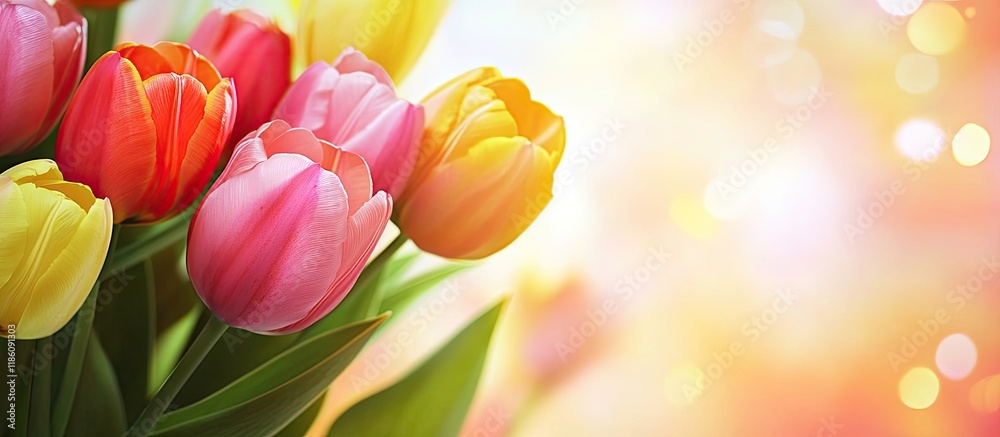 Leinwandbilder Vibrant colorful tulips spring backdrop Close up. with copy space image. Place for adding text or design