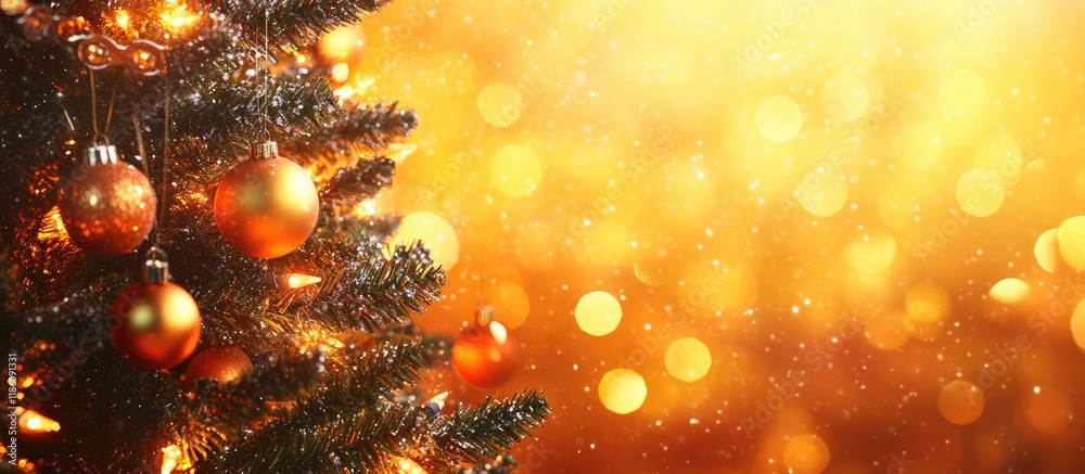 Fototapete christmas tree decorated with toys against a backdrop of orange lights. with copy space image. place