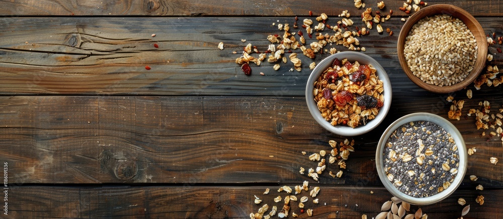 Aufkleber ingredients for making granola on a wooden surface with copy space nutritious snack in a bowl top vi