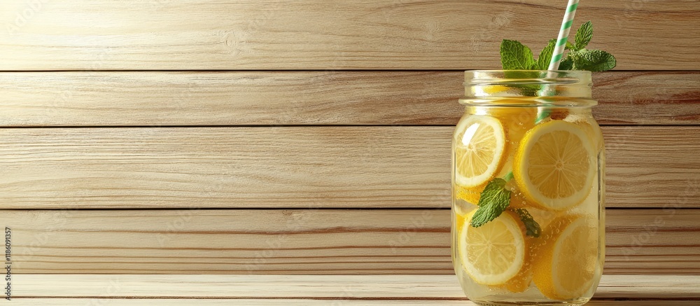 Aufkleber refreshing ice cold water with lemon and mint served with a paper disposable straw lemonade in a gla
