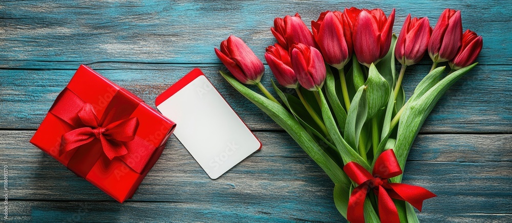 Aufkleber a bouquet of fresh tulips tied with a red ribbon an empty card for your message and a red gift box o