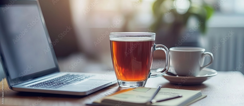 Poster Laptop with sticky notes and a blank screen next to a cup of tea with a freelancer holding a notebook and pen in the blurred foreground. with copy space image. Place for adding text or design