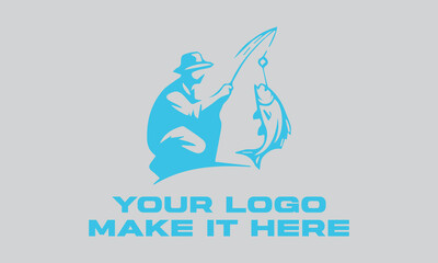 Fisherman catching large leaping light blue fish. Ideal for fishing websites, outdoor magazines, seafood restaurants, and naturethemed designs