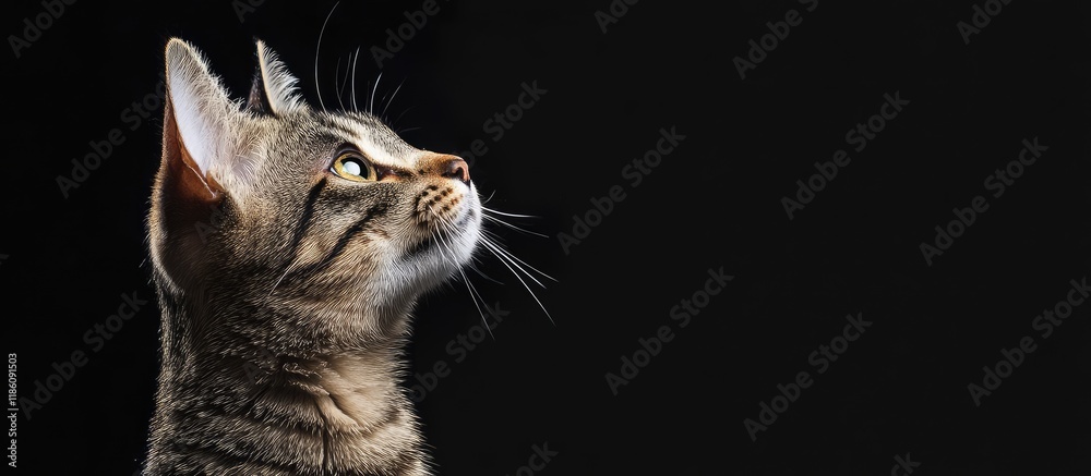 Poster Striped cat gazing up and to the right with an intense look and an inquisitive expression. with copy space image. Place for adding text or design