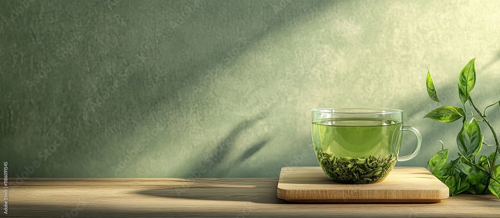 Poster aromatic antioxidant green tea on a wooden board set against a plain background. with copy space ima