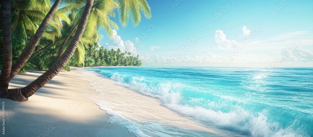 Poster Coconut trees and palms along a stunning beach with turquoise waters. with copy space image. Place for adding text or design
