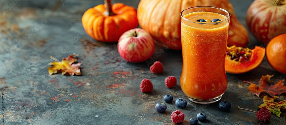 Fototapete close up view of an organic orange smoothie alongside fresh fruits and a pumpkin on a table. with co