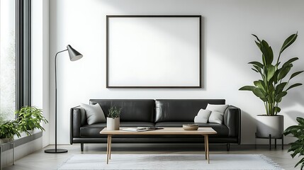 Modern apartment living room with black leather sofa, mockup poster, and plants