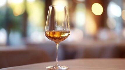 Elegant wine glass with amber liquid against blurred background  