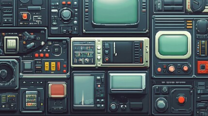 Fototapeta premium System toolbar-inspired pixel elements with beveled edges simulating old CRT monitor look. Includes dialogue boxes, menu buttons, simple geometric shapes maintaining period-accurate resolution limits.