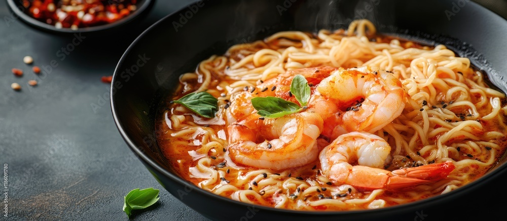 Fototapete Close up of noodles soup with spicy shrimp. with copy space image. Place for adding text or design