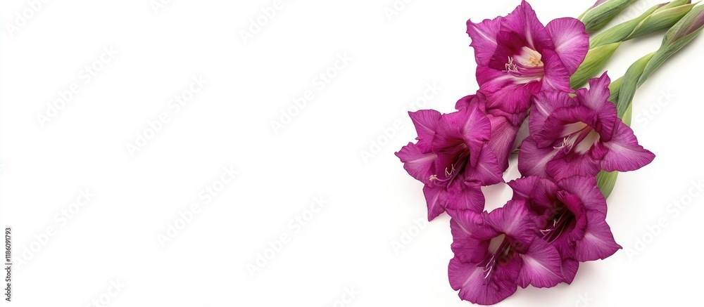 Fototapete purple gladiolus blooms on a white background. with copy space image. place for adding text or desig