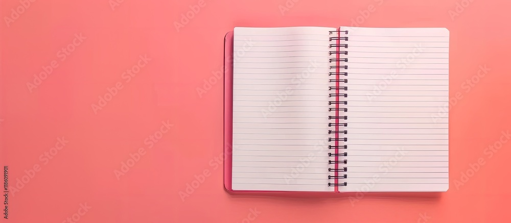 Poster Top view image of an open notebook with blank pages School notebook on a pink coral background spiral notepad on a table flat lay. with copy space image. Place for adding text or design