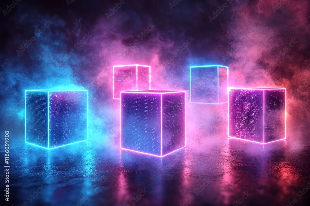 Poster abstract 3d design showcasing blocks, cubes, and render graphics in neon patterns to enhance digital
