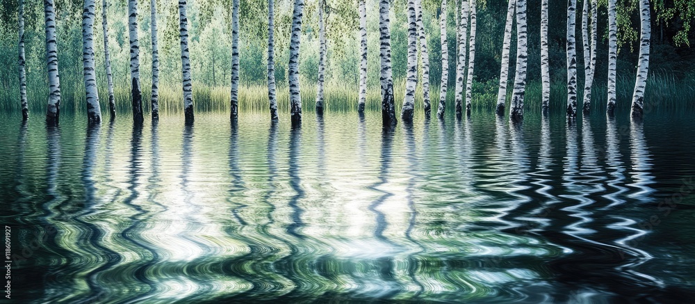 Poster reflection of a birch grove on the lake with ripples. with copy space image. place for adding text o