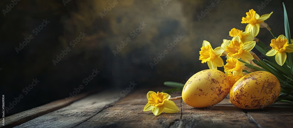 Aufkleber Easter eggs on a wooden table with yellow daffodils Banner sized image featuring copy space