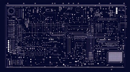 Minimalist PCB design with clean linear traces, white circuit paths on deep blue background. Key processing nodes highlighted with bright spots, subtle grid underlays add technical detail.