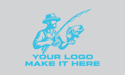 Fisherman catching large leaping light blue fish. Ideal for fishing websites, outdoor magazines, seafood restaurants, and naturethemed designs
