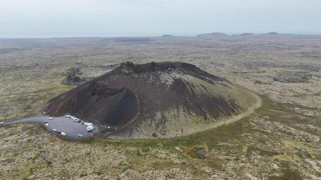 Saxh&oacute;ll volcanic crater seen from the sky, situated in Sn&aelig;fellsj&ouml;kull National Park on the Sn&aelig;fellsnes peninsula, western Iceland