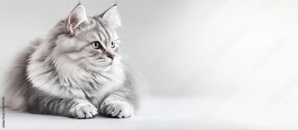 Poster Siberian breed female cat gray silver in color Attractive kitten resting comfortably. with copy space image. Place for adding text or design