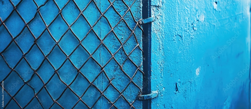 Poster Blue urban abstract detail as a background with reinforced wire mesh resting against the wall. with copy space image. Place for adding text or design