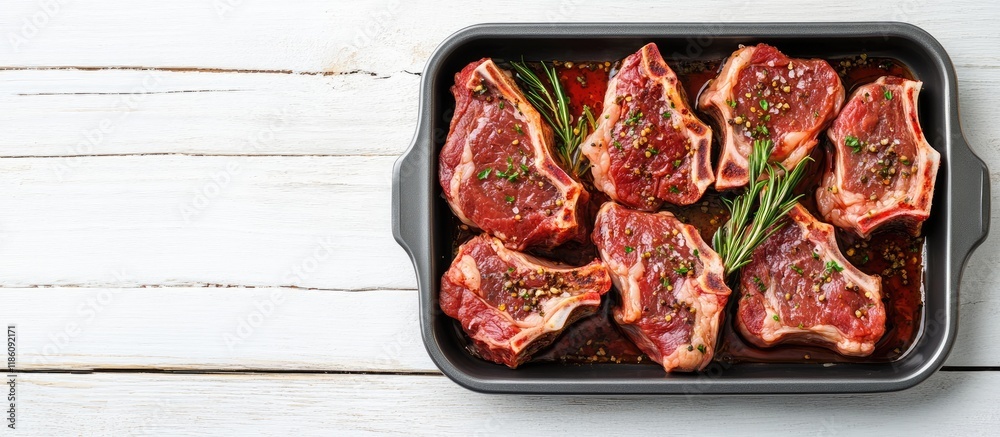 Leinwandbilder Cooking raw lamb mutton steak chops with marinade in a tray on a white rustic wooden table Food recipe idea. with copy space image. Place for adding text or design