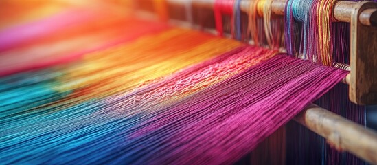 Colorful silk threads for weaving in a textile factory handmade cotton color natural dyes an old weaving loom and strands of yarn. with copy space image. Place for adding text or design