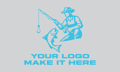 Fisherman catching large leaping light blue fish. Ideal for fishing websites, outdoor magazines, seafood restaurants, and naturethemed designs