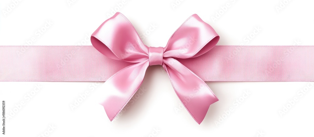 Poster Single pink gift bow with three wide ribbons in parallel over a white background. with copy space image. Place for adding text or design
