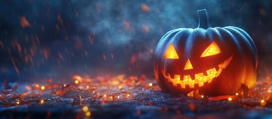 Fototapeta premium Happy Halloween LED pumpkin lights. with copy space image. Place for adding text or design