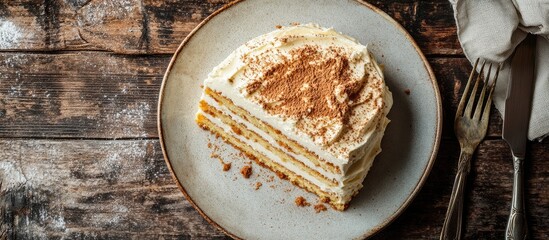 A piece of cake with biscuit cream a sweet dessert featuring layers of vanilla curd ready to cook and eat rests on the table as a healthy meal or snack The top view allows for copy space for text c