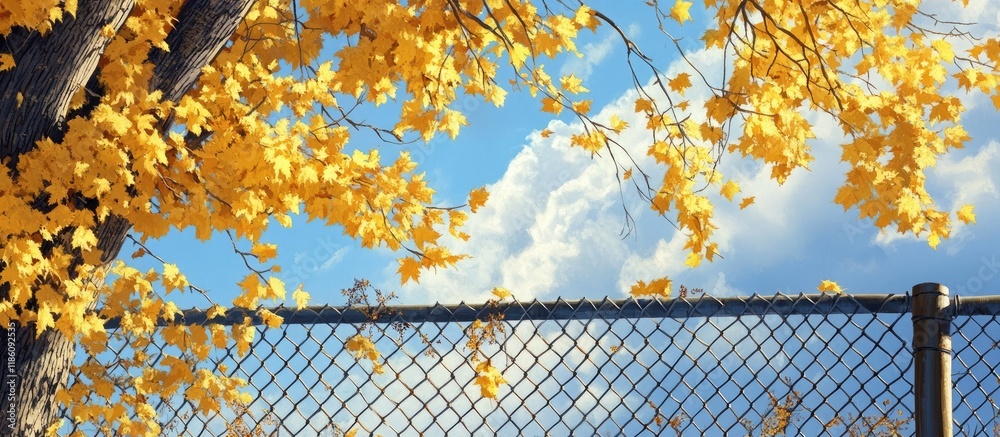 Poster autumn has ended fallen yellow maple leaves are stuck on the fence and hanging creating a lovely aut