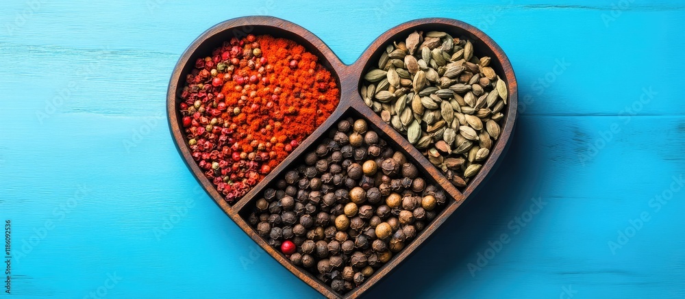 Poster oriental spices arranged in a heart shaped bowl against a blue background captured from a top view c