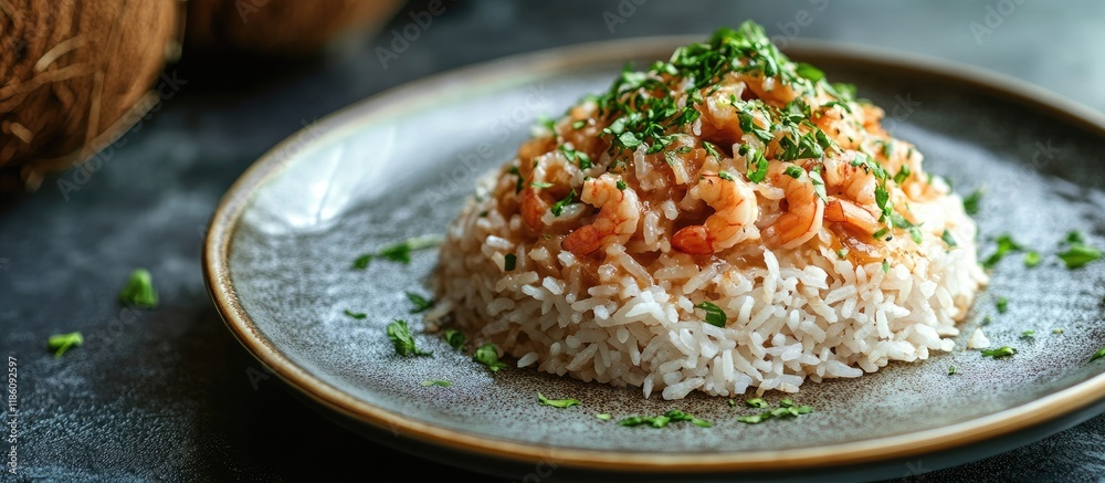 Aufkleber crispy rice topped with coconut sugar sauce. with copy space image. place for adding text or design