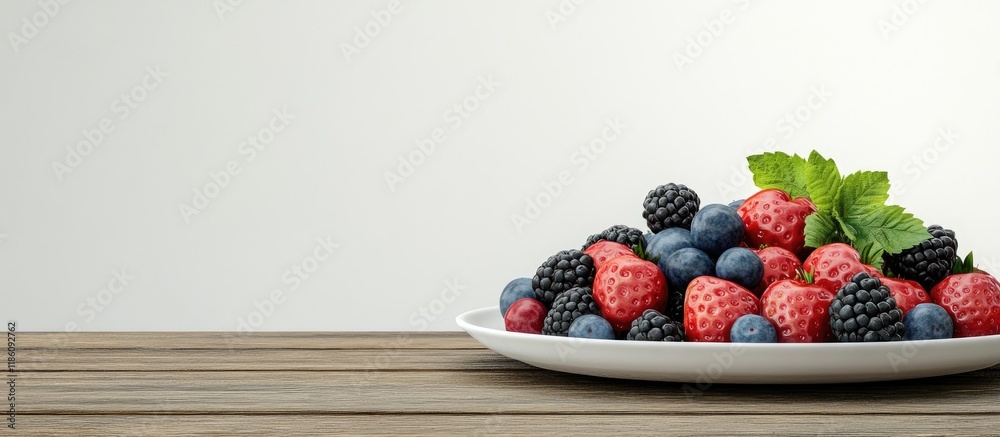 Fototapete plate with a mix of fresh delicious berries on a wooden table set against a white background. with c