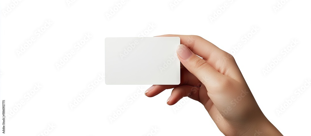 Poster woman s hand holding a virtual business card credit card or blank paper against a white background. 