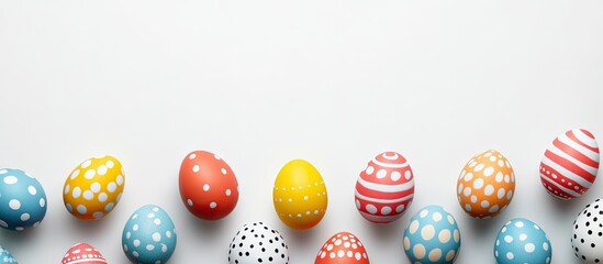 Obraz premium Easter eggs decorated for the holiday on a white background flat lay Room for text. with copy space image. Place for adding text or design