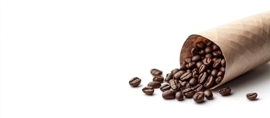Obraz premium Espresso coffee and beans in a paper cone cornucopia against a white background. with copy space image. Place for adding text or design